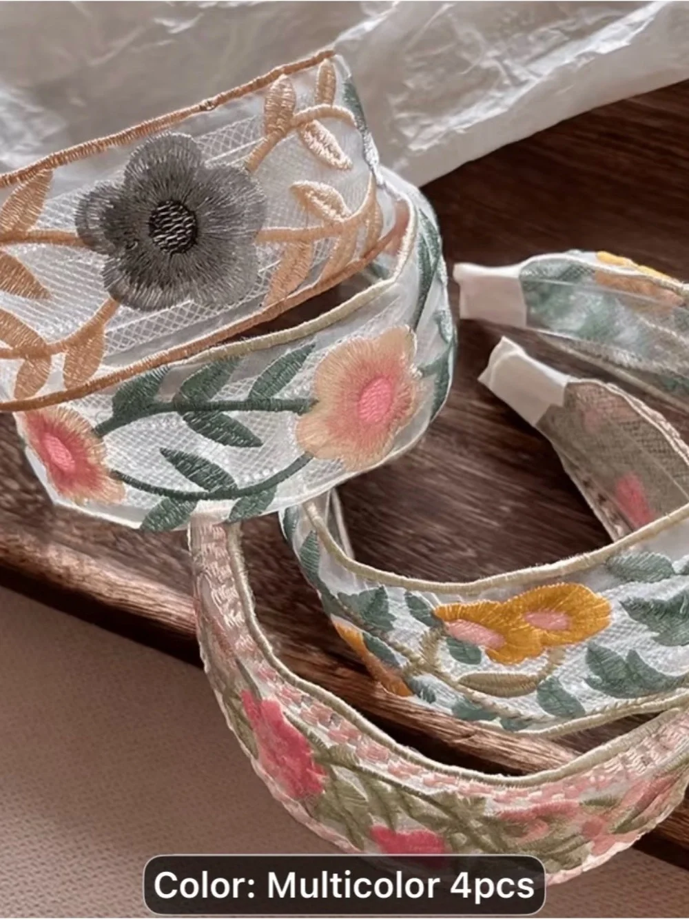 4 Embroidered spring/summer Floral Ribbon Bundle -Ethnic Multicolor-wide Brimmed